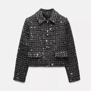 Zara Black Sequin Tweed Blazer Sparkle XS NwoT